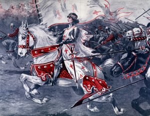 Portrait of Joan of Arc on horseback with royal flag, late 19th France