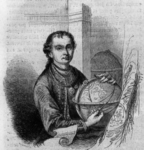 Portrait of Pierre (Peter) Anich (1723-1766), Tyrolean astronomer and cartographer, holding a globe and a compass. Engraving in 