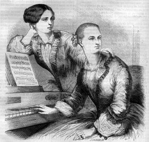Portrait of the Cruvelli sisters, German dancers. Sophie Cruvelli and Marie Cruvelli. Engraving from 1852. by French School