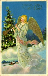 Postcard, Christmas greetings: angel with trumpet on clouds