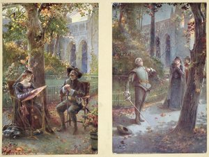 Postcards depicting Cyrano de Bergerac with Roxanne by French School