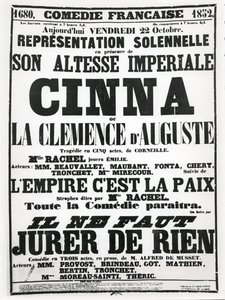 Poster advertising a performance at the Comédie-Française on 22 October, 1852, of Corneille
