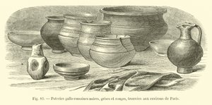 Gallo-Roman pottery, black, gray and red, found around Paris by French School