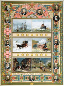 Progress during the reign of Queen Victoria. Sailing ships, steam ships, steam train and gas and electric street lighting, 1887 by French School