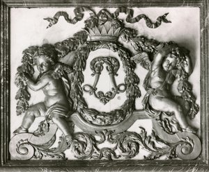 Putti flanking the initial L on the door of the Salon des Gardes de la Reine by French School