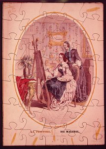 Puzzle pieces depicting a woman painting at an easel, c.1840-50 by French School