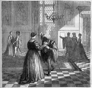 Queen Margarita of Navarre (1492-1549) meets Pomini. Engraving in 