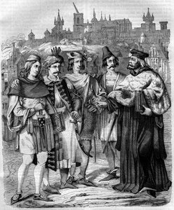 Rector and students of various nations at the University of Prague in the 17th century. Engraving from 1852. by French School