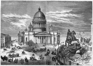 Religious architecture: view of the Orthodox Church of Saint Isaac (1819-1858) in Saint Petersburg (Saint Petersburg) in Russia, built according to the plans of architect Ricard de Montferrand (1786-1858). On the right is the equestrian statue of Peter the by French School