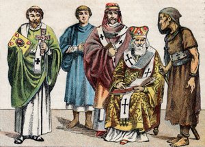 Religious costumes in Antiquity: portrait of a Byzantine deacon, a Christian priest of the first century, a bishop in the 5th century, a Byzantine patriarch and an anchorite by French School