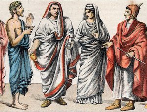 Religious costumes in Antiquity: portrait of a Greek priest, minister for sacrifices, a Great Pontiff in ancient Rome, a vestal, a priestess of ancient Rome and a flamen Roman priest devoted to the worship of one god