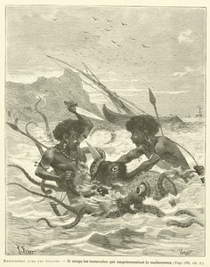 Encounters with Octopuses (engraving) by French School