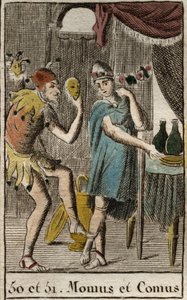 Representation of Comus, divinity of gourmets and cuisine, he presides feasts, represented leaning on a stake with a torch and Momus, personification of mockery and sarcasm, represented as a court jester. From 