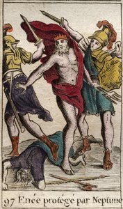 Representation of Aeneas, protected by Neptune, departing the fight against Achilles. From “Mythology of Youth” by Pierre Blanchard 1803. by French School