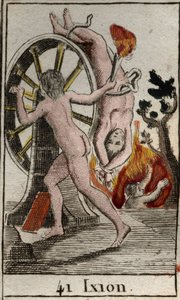 Representation of Ixion, punished by the gods, condemned to be chained to a burning wheel that turns endlessly. From “Mythology of Youth” by Pierre Blanchard 1803. by French School