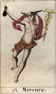 Representation of Mercury, god of trade, travel and messenger of other gods. He holds a caduceus, and wears a petasos. From “Mythology of Youth” by Pierre Blanchard 1803 by French School