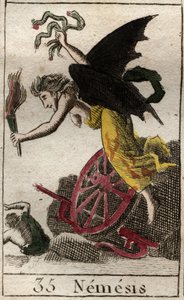 Nemesis, goddess of revenge, represented as a winged woman, holding a torch and snakes, with a wheel and rudder indicating that she pursued her victims by sea and land. From 