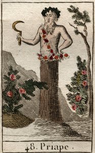 Representation of Priapus, god of libertinage and fertility, often represented with a giant erect penis, holding a sickle. From “Mythology of Youth” by Pierre Blanchard 1803. by French School