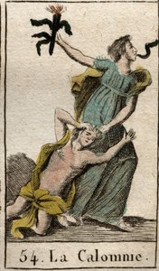 Representation of Slander, dragging her mother Envy by her hair, with a snake coming out of her mouth. From “Mythology of Youth” by Pierre Blanchard 1803. by French School
