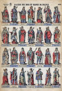 Representation of kings and queens of France from the Capetian dynasty (from Louis VII to Charles VIII). Illustration late 19th century