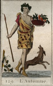 Representation of the Autumn season as Vertumnus holding a basket of fruit, with a dog. From “Mythology of Youth” by Pierre Blanchard 1803 by French School