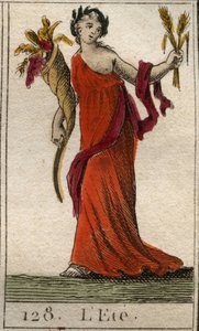 Representation of the Summer season as Ceres holding a wreath of wheat and a horn of abundance. From 