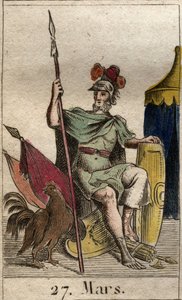 Representation of the god of war Mars, armed, near a rooster. From 
