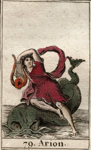 Representation of Arion, Greek poet charming the dolphins by playing kithara. From 