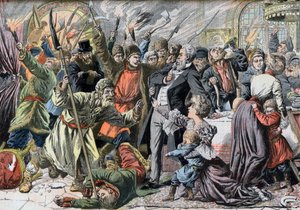 Revolution Of 1905 - Revolting Russian peasants invading a country house. Illustration for Le petit Journal, 2 April 1905 by French School
