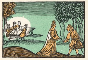 Riquet with the Tuft, from Histories or Tales of Past Times Told by Mother Goose, With Morals, by M. Perrault, pub. 1925 (hand coloured woodblock print)