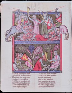 Roland blows the horn at Roncevaux, illustration from Le Chanson de Roland, copy of an original manuscript conserved at Saint-Gall in Switzerland by French School