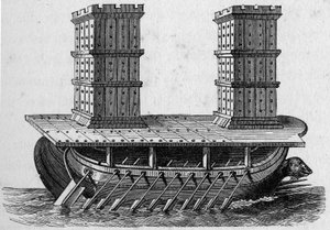 Roman ship a towers. Engraving in 
