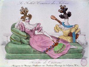 Romantic fashion: Chateau toilet. Two women with extravagant hairstyles on a canape. Engraving of the 19th century by French School