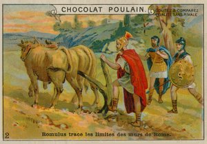 Romulus Setting the Boundaries of Rome, Chocolat Poulain Trade Card