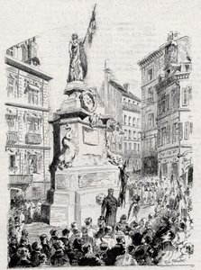 Rouen: members of the League of Patriots in front of the statue of Joan of Arc- drawing by Paul Merwart for the flag - illustrious monitor of the League of Patriots - 1884 by French School
