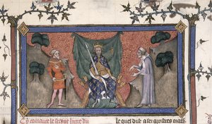 King Charles V (1337-80) of France enthroned with crown, sword and sceptre between a knight and a clerk