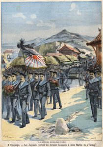 Russo-Japanese War in Chemulpo, the Japanese Give the Last Honours to Two Sailors of the Virag. Le Petit Parisien of April 3 by French School