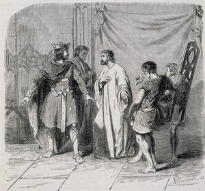 Saint Eloi and Dagobert: Dagobert was amazed when Eloi introduced him the second armchair - engraving, 19th century