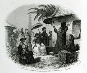 Saint Francois Xavier preaching Christianity in Japan. Engraving to illustrate 