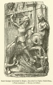 Saint George slaying the dragon, bas-relief from the church of Saint-Ouen, in Pont-Audemer (engraving) by French School