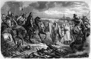 Saint Loup, bishop of Troyes saves the city from the anger of Attila the king of the Huns in 451. Engraving in 