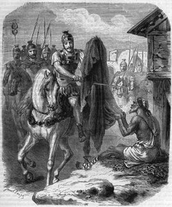 Saint Martin of Tours making two pieces of his coat to give it to a poor man. Engraving in Histoire des Papes-Rois-Queen and Empereurs a travers les centuries by Maurice Lachatre by French School