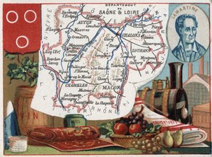 Saone et Loire, Burgundy, France. Portrait of Alphonse de Lamartine. Series on the French Departments. Chromolithography around 1890