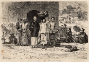 Scene of the Saigon market (engraving after a drawing by D. Maillard, illustrating the voyage to Cochinchine by Doctor Morice, 1872, published in 