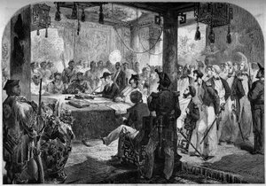 Second opium war between France and England and China (1858-1860) - signing of the Tianjin Treaty in 1858: English and French ambassadors Lord Elgin (James Bruce by French School