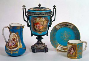 Sevres Blue Celeste Jug, Mug, Urn and Plate, All Early 18th Century