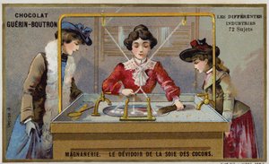 Silk manufacturing. Spinning the fibres onto a reel