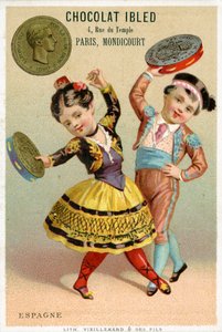 Spanish children dancing with tambourines made of pesetas, from a series of promotional cards on currencies in different countries, published in Paris by Vieillemard for use by Chocolat Ibled, 1886-95
