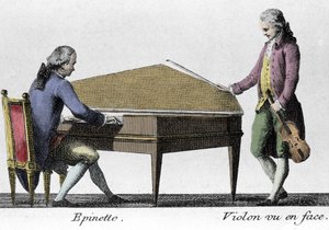 Spinette and Violin player. Engraving from the end of the 18th century by French School