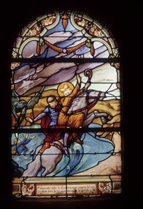 St Guénolé, Abbot of Landévennec, saves King Gralon during the flooding of the town of Ys - stained glass windows of St Germain church in Kerlaz by French School
